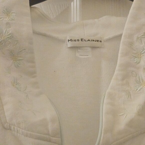 Miss Elaine white robe green floral embroidery pockets zip up L - Picture 2 of 12